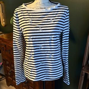 Betsey Johnson black and white stripe/ silver embroidered skulls long sleeve